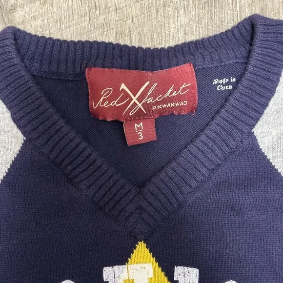 Michigan University Medium V-Neck Sweater Argyle Diamond Navy Blue Maze Gray - Picture 6 of 7